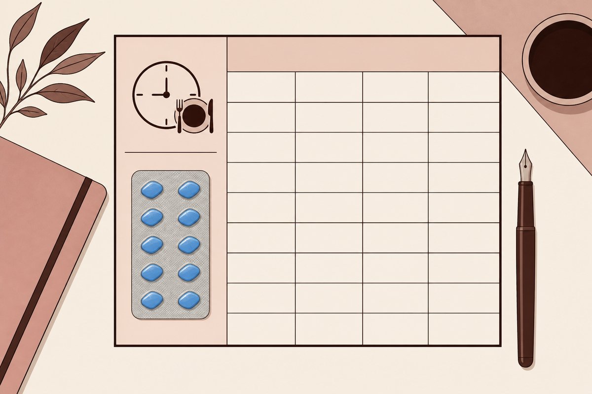 Meal clock beside a 200 mg Cenforce-style blister